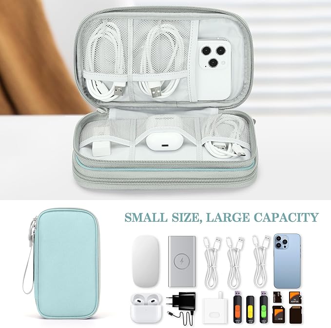 FYY Electronic Organizer, Travel Cable Organizer Bag Pouch Electronic Accessories Carry Case Portable Waterproof Double Layers Storage Bag for Cable, Charger, Phone, Earphone, Medium Size, Mint Green