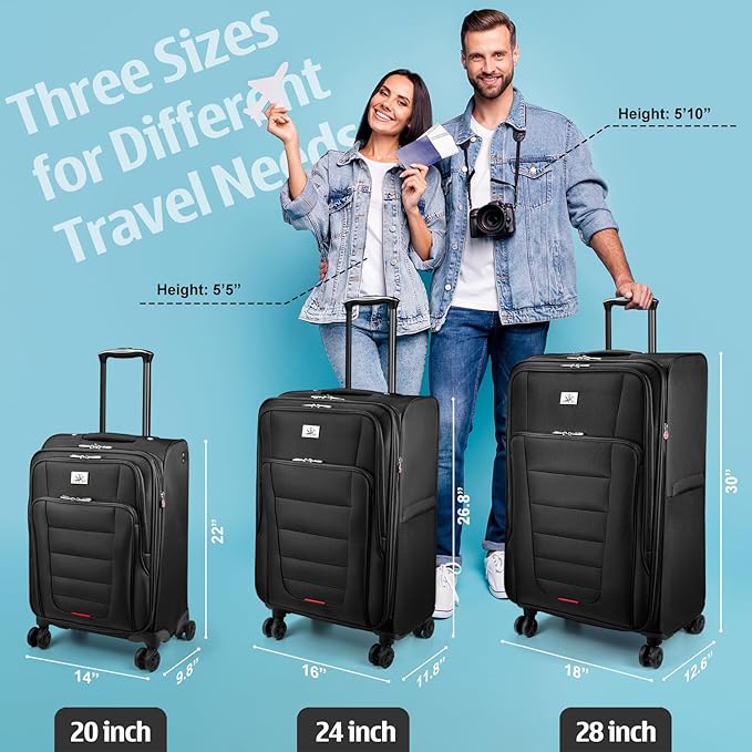 Verdi Luggage Sets of 2 Suitcase with Spinner Wheels Softside Expandable, Carry On Luggage with USB Port (Black, 2-Piece set(20/28))