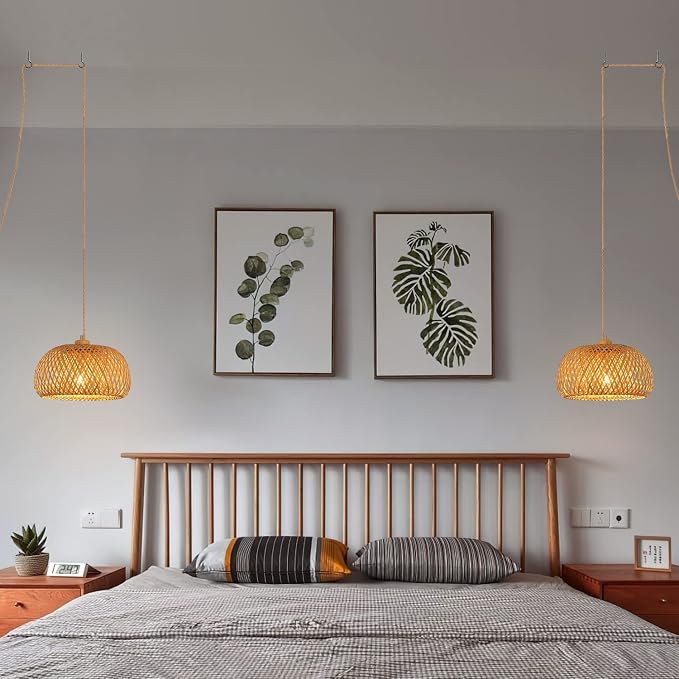 Bamboo Plug in Pendant Light with 14ft Handmade Woven Light Cord, Dimmable Switch, Boho Basket Hanging Lamp for Bedroom Kitchen Island Decor Farmhouse Living Room