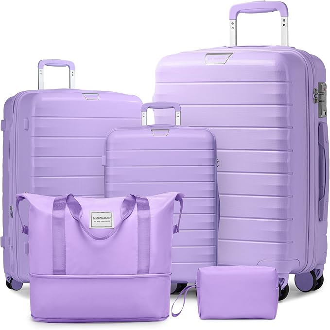 LARVENDER Luggage Sets 5 Piece with Duffel Bag Expandable(Only 28 inch) Hardside PP Carry On Luggage with 360° Spinner Wheels TSA Lock Luggage Sets for Women, Lavender