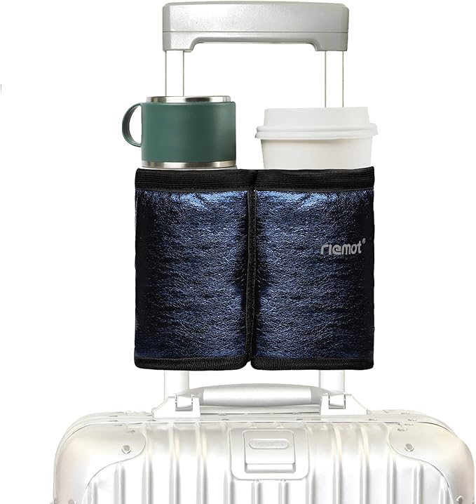 riemot Luggage Travel Cup Holder Free Hand Drink Carrier - Hold Two Coffee Mugs - Fits Roll on Suitcase Handles - Gifts for Flight Attendants Travelers Accessories Glitter Navy