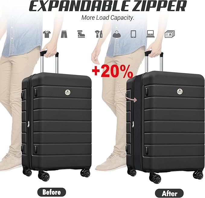 Classic 3-Piece Luggage Set with TSA Lock, Lightweight Suitcase with Spinner Wheels, Hardshell Expandable Carry-On Luggage, 20/24/28 inch, Black