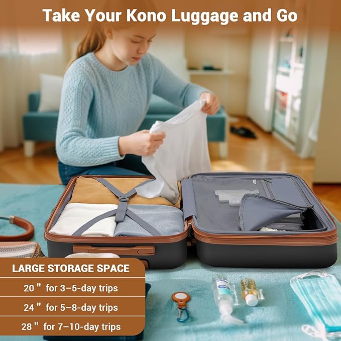 Kono Expandable 28 Inch Luggage with Spinner Wheels, Large Checked Luggage with Lock, Lightweight & Anti-Scratch PC+ABS Hardshell Travel Suitcase, Black/Brown
