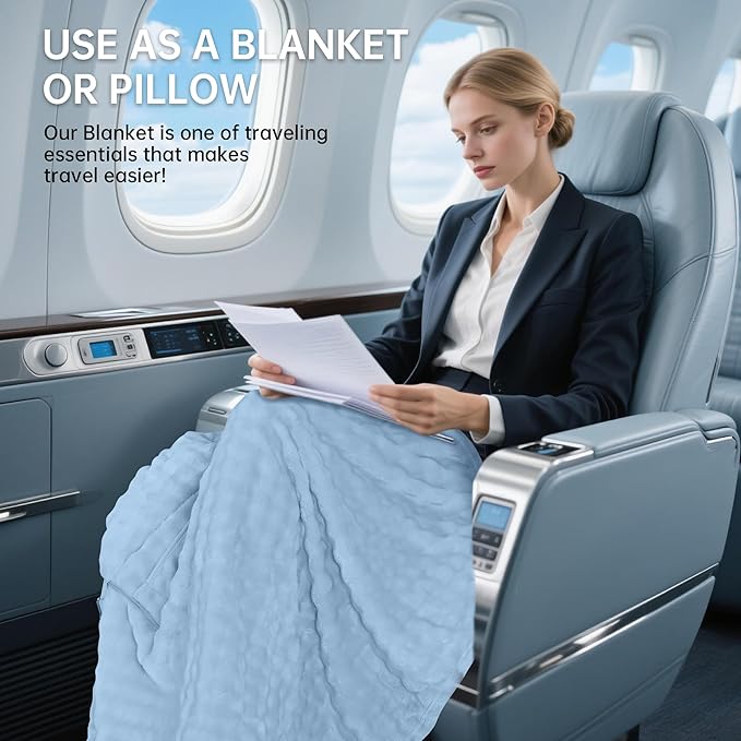 Travel Blanket and Pillow-2-in-1, Ultra-Soft&Compact, Airplane Blanket with Hand Luggage Belt and Backpack Clip,Travelers Accessories Gifts, 61x43 Inches（Blue）