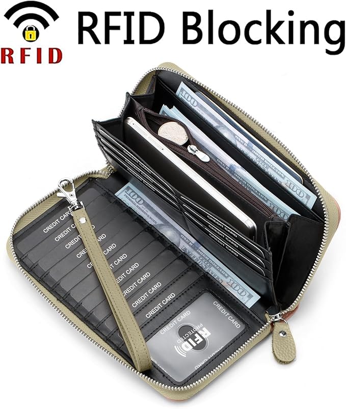 Moflycom Womens Wallet RFID Blocking Genuine Leather Multi Credit Card Large Capacity Zip Around Clutch Travel Purse Wristlet