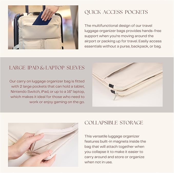 BAREFOOT CARIBOU Over Luggage Organizer for Carry On Bag or Suitcase with Storage Pockets, 16” Laptop Sleeve with Handle, Travel Accessories Bag Slide On Luggage Harness with Adjustable Straps (Ivory)