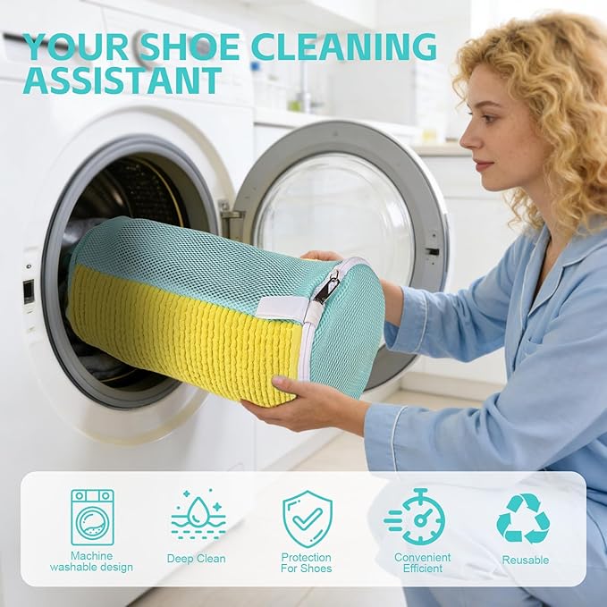 Shoe Washing Machine Bag Reusable Sneaker Washing Bag with Built-in Fluffy Brushes for 360° All-Around Cleaning. Laundry Shoe Bag is Designed for Washer and Dryer （Yellow 2pcs Pro）