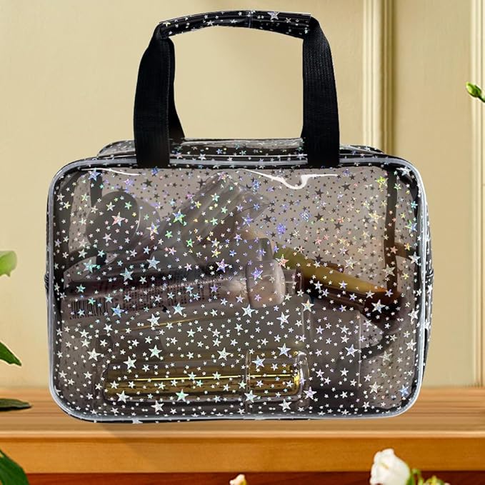 Black Holographic Star Cosmetic Bag for Women 11.8x5.1x8.2 Inches Portable Travel Toiletry Bag with Handles,Durable PVC Material,Zipper Design-Ideal Large Clear Makeup Organizer