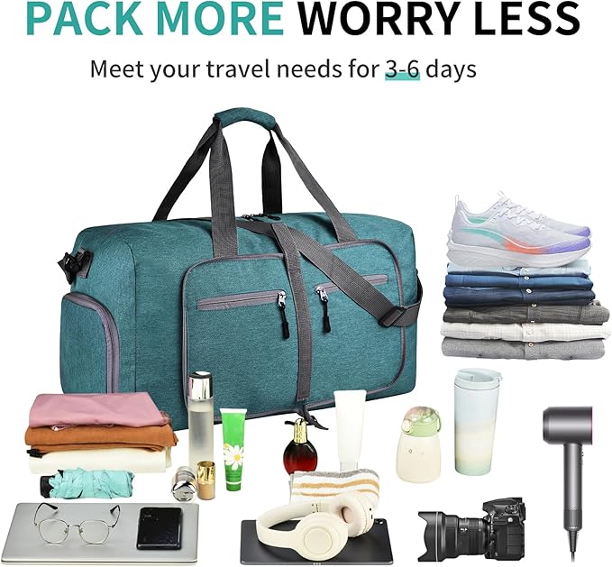 Dimayar 40L Travel Duffle Bag for Men Women - Foldable Duffel Bag with Shoes Compartment - Overnight Bags Waterproof & Tear Resistant(Green)