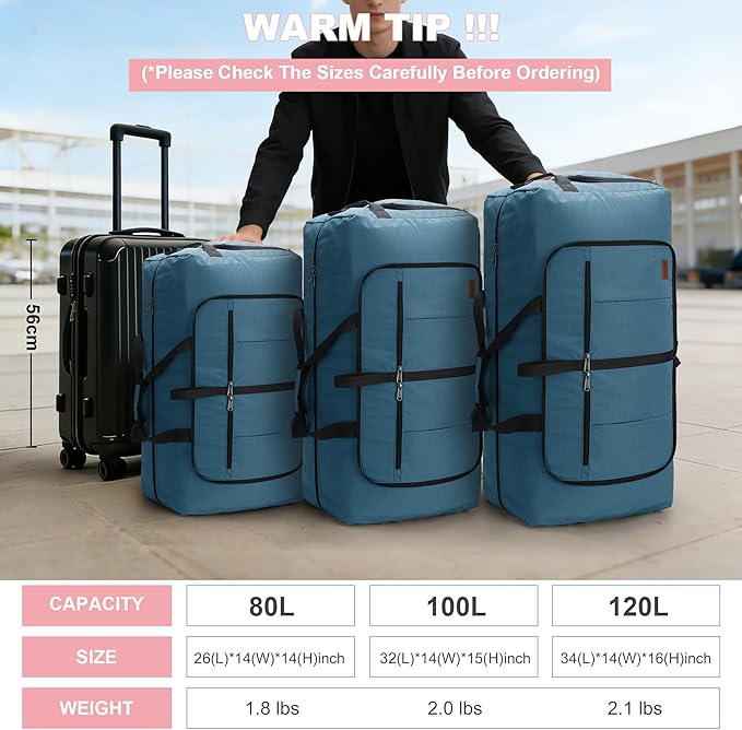 80L EXTRA LARGE Duffle Bag for Travel, 26" Foldable Travel Duffel Bag with Shoe Compartment for Men Women, Waterproof & Tear Resistant (Light Blue, EXTRA LARGE, 80L)