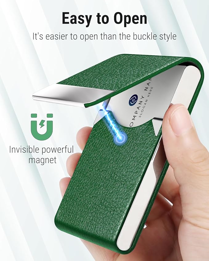 MaxGear Business Card Holder, Slim PU Leather & Stainless Steel Business Card Case for Men & Women, RFID Blocking Name Card Holder with Magnetic Closure, Dark Green