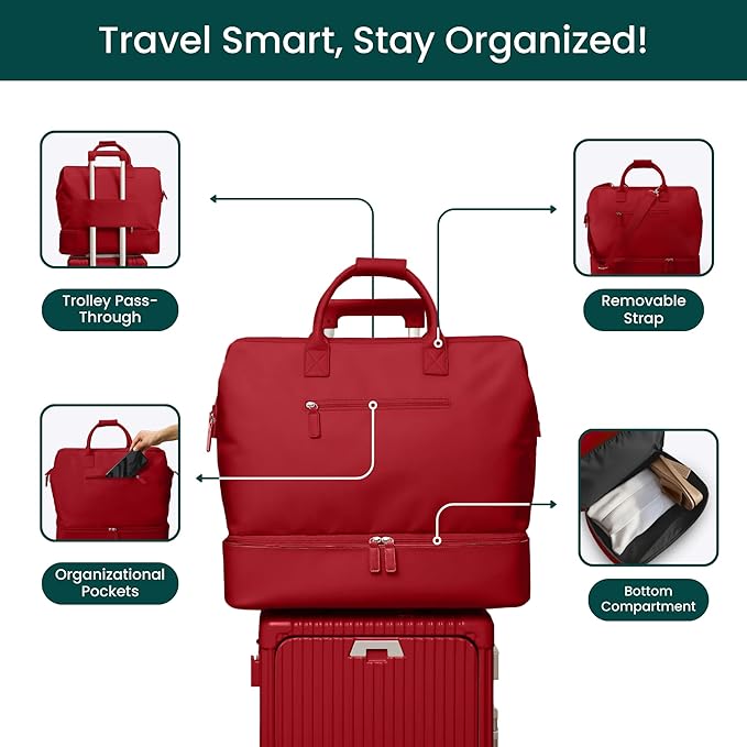 NOBL Travel Weekender Bag for Women & Men, Large Duffel Carry-On Tote with Trolley Sleeve, Separate Shoe Compartment & Laptop Pocket, Leather Overnight Bag for Airplane, Gym, Road Trips - Cherry Red