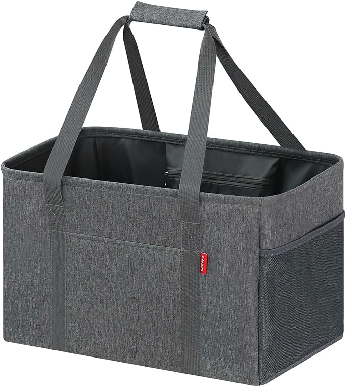 LHZK Standing Utility Tote Bag with Metal Wire Frame and the Sides Rinforced, Large Tote Bag with Handle, Reusable Grocery Bags Foldable, Beach Bag, Car Tote (Grey, 18.5''x11.8''x11.5'')