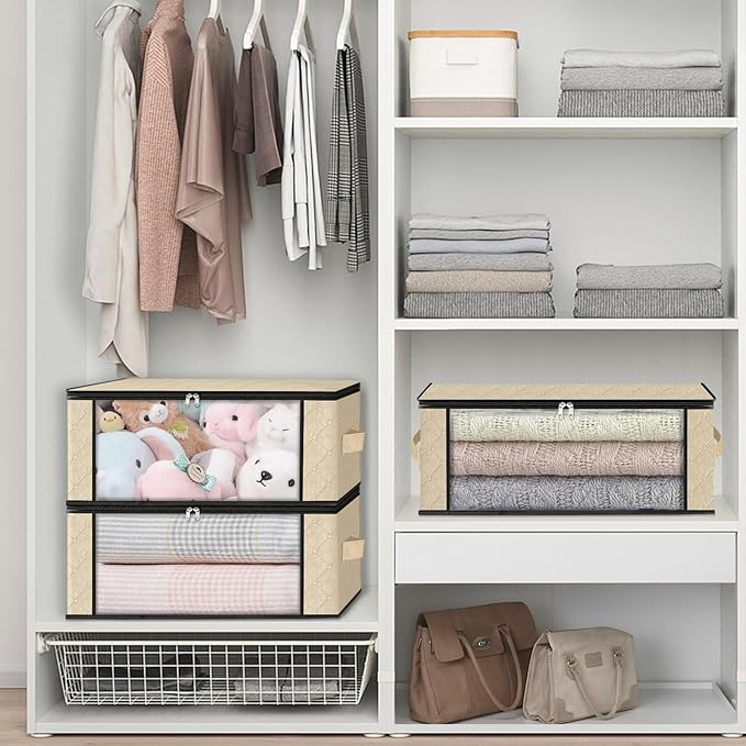 HomeHacks Storage 10-Pack Clothes Organizer Storage Bags Foldable Storage Box with Large Clear Window Sturdy Handles for Closet, Dorm, Pillows, Bedding, Clothes, Blankets, 35L, Beige