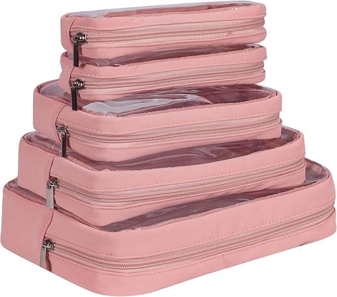 TSA Approved 5-Piece Diaper Bag Organizer Pouch Set Clear Waterproof TPU Kids Toiletry Storage Set Travel Packing Clutch Cube Bags for Baby Nursing (Pink Leather)