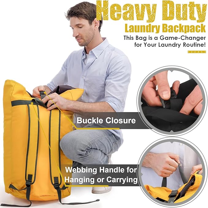 Backpack Laundry Bag, 115L Heavy Duty Extra Large College Laundry Backpack, Dirty Clothes Bag with Shoulder Straps, Laundry Hamper Bag with Drawstring Closure for College Dorm, Apartment Gold