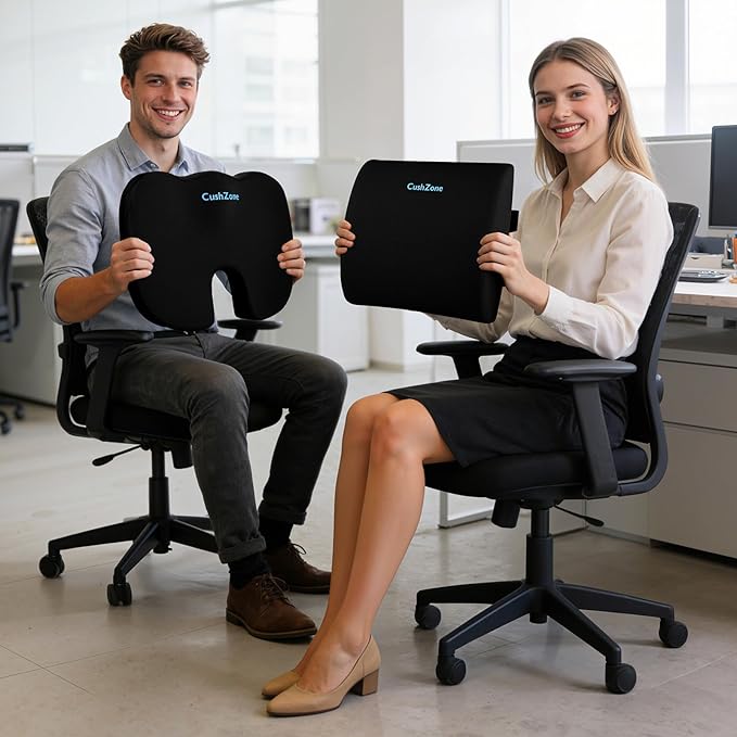 Ergonomic Seat Cushion & Lumbar Support Pillow - Memory Foam for Sciatica Pain Relief & Posture Correction, Non-Slip Chair Cushions for Office Chair/Car/Wheelchair/Travel (Black)