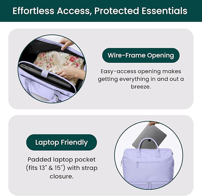NOBL Travel Weekender Bag for Women & Men, Large Duffel Carry-On Tote with Trolley Sleeve, Separate Shoe Compartment & Laptop Pocket, Leather Overnight Bag for Airplane, Gym, Road Trips - Lavender