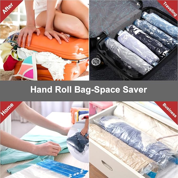 Compression Bags - Travel Essentials - 12 Pack Space Saver Bags - No Vacuum Pump Or Air Extractor is Needed - Storage Accessorie and Home Packing Organizers (transparent)
