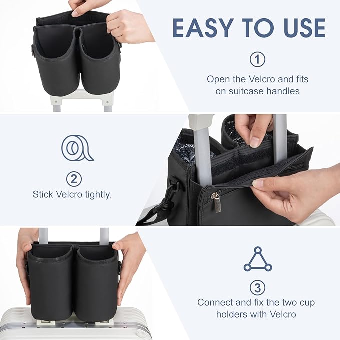 Luggage Cup Holder Travel Drink Bag Luggage Drink Caddy with Shoulder Strap, Thermal Insulation and Zipper Pocket, Travel Accessories Gifts for Flight Attendants, Fits Roll on Suitcase Handles (Black)