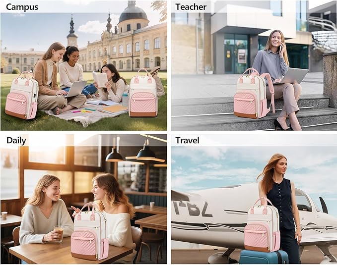 Laptop Backpack for Women Work Bag - 15.6 inch Travel Backpack Purse with USB Charger College Bookbag Waterproof Cute Casual Daypack Fashion Business Computer Backpacks for Teacher Nurse Pink Beige