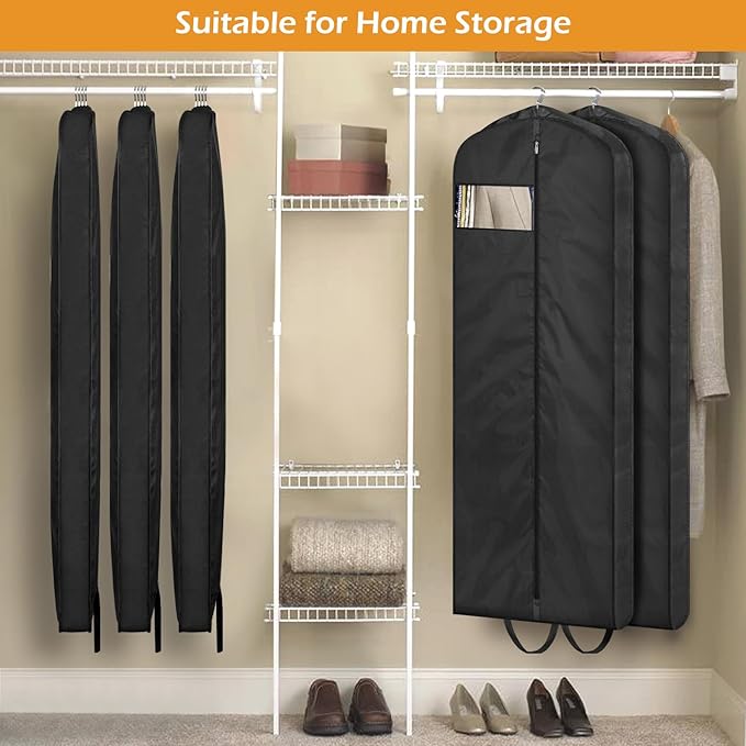 MISSLO 65" Gusseted Hanging Garment Bags for Travel Long Dress Cover Water Resistant Sturdy Fabric Dress Bags for Gowns Long Closet Clothes Protectors, Black
