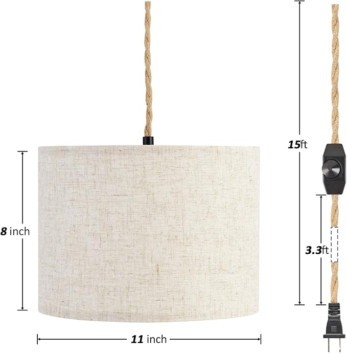 KUAUGST Plug in Pendant Light, Hanging Light with Plug in Cord with Dimmable Switch, Hanging Lamp with 15ft Hemp Rope, Beige Linen Shade, Fixture for Bedroom, Living Room 2 Pack