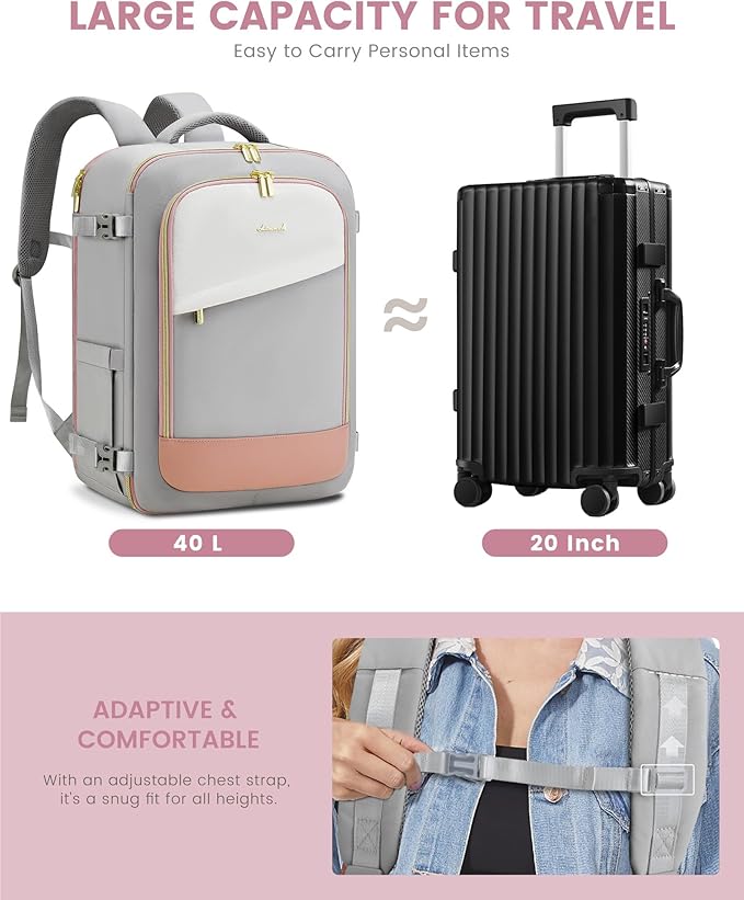 LOVEVOOK Travel Backpack for Women, 40L Carry On Backpack Flight Approved, Large Personal Item Bag Fits 17 inch Laptop, TSA Approved Luggage with 3 Packing Cubes,Waterproof Weekender Gym Essentials