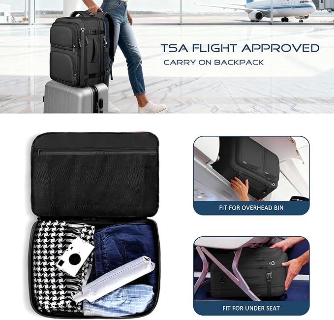 Travel Backpack, Expandable Carry on Backpack for Men, TSA 17.3 inch Laptop Bag Flight Approved, Lightweight Business Luggage Bag, Travel Gifts for Men Women, Black