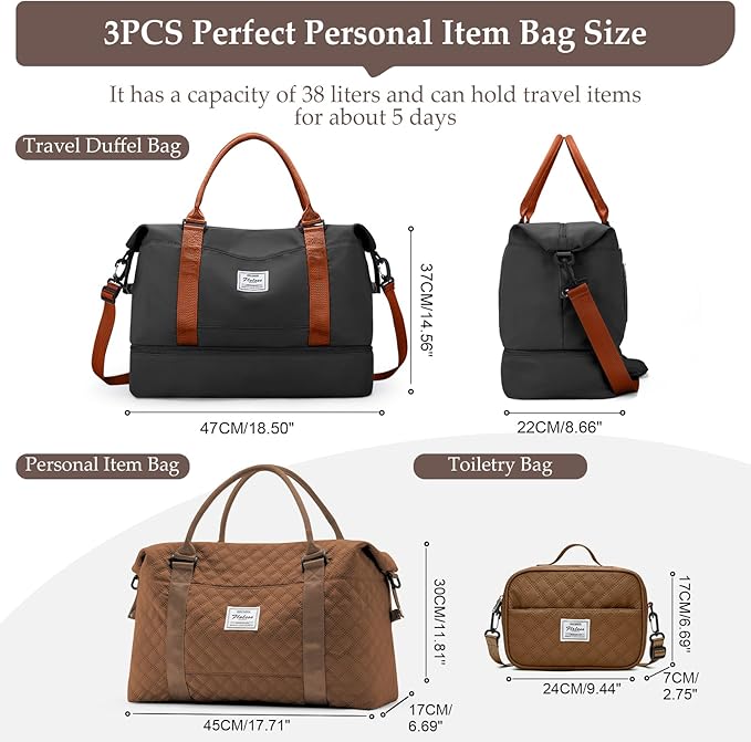 Weekender Bags for Women,Travel Duffle Overnight Bag with Shoe Compartment,Personal Item Carry On Bag,Black & Brown,Large,3 Pcs Set