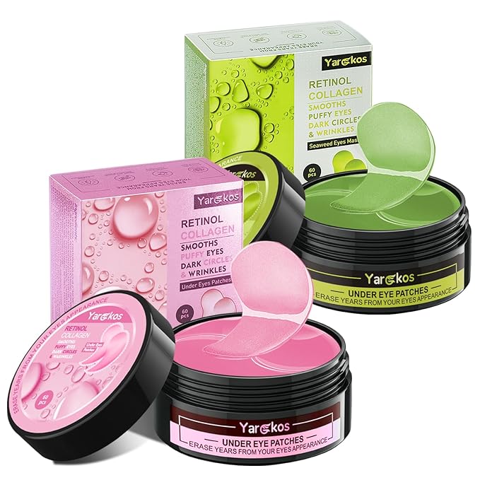 2 Packs 60 Pcs Under Eye Patches, Pink+Green, 30 Pairs Women Undereye Mask for Puffy Eyes Dark Circles Treatment, Men Collagen Gel Pads Hydrating for Eye Bags Puffiness Wrinkle, Beauty Skin Care