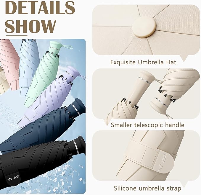 Mini Folding Travel Umbrella with Built-in Hidden Telescoping Handle,Teflon Coating, UPF 50+,UV Protection,Compact Lightweight Portable,6 Ribs Design,Small,Sun/Rain,Women/ Kids/Girls,Backpack Car