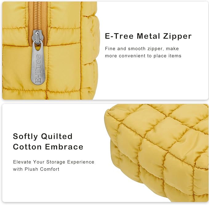 E-Tree Cute Makeup Bag,Quilted Cosmetic Bag,Make up Pouch for Purse,Toiletry Zipper Pouch,Checkered Bag,Travel Case,Storage Pouches for Organization (Yellow)