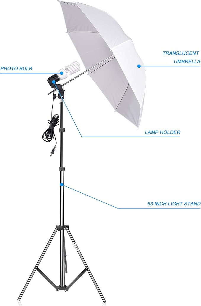EMART Photography Umbrella, 400W 5500K Lighting kit for Vedio, Studio 1Pack | 33" Reflective Photography Umbrella with Stand & 45W E26/E27 Spiral Light Bulbs, Continuous Photo Lights for Video Lighting