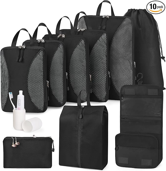 Compression Packing Cubes 10 Sets, Packing Organizers, Extensible Suitcase Organiser Bags, Travel Organizer Cubes for Travel Essentials Black