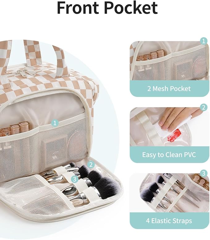 Narwey Travel Toiletry Bag for Women, Checkered Large Makeup Bag, Wide Open Cosmetic Make Up Organizer, Wet Pocket for Towel, Travel Bag for Toiletries, Brushes, Essentials (Light Brown Checker)