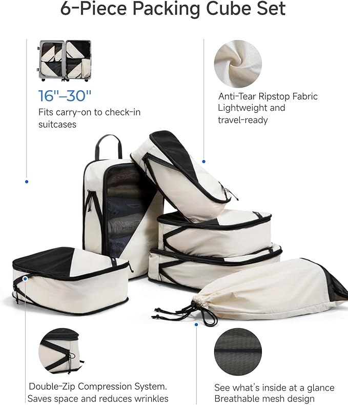 LUGGEX Packing Cubes for Travel, POX01 Luggage Organizers Bags, Suitcase Organizer with Shoe Bag, 6 Set Travel Cubes for Packing (POX-Core, Beige)