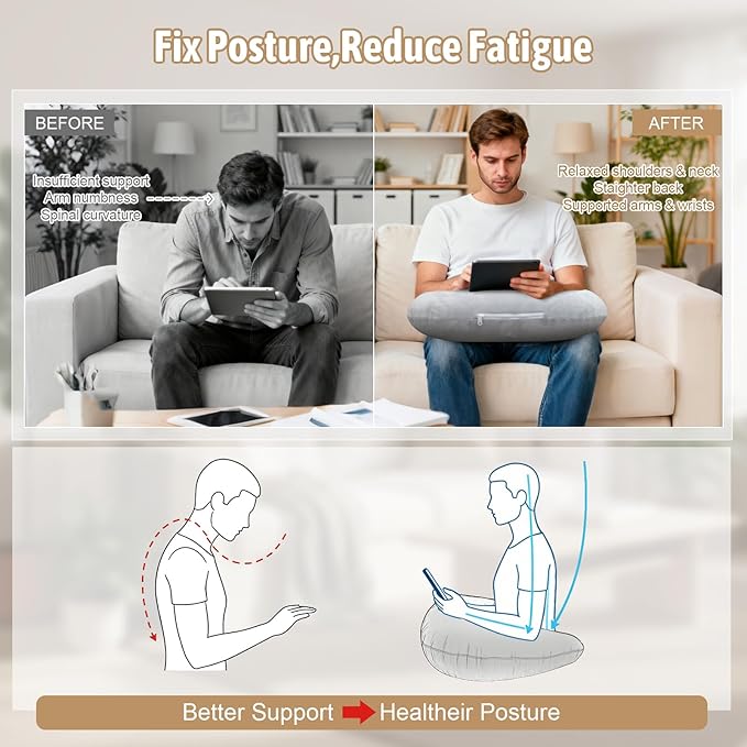 IFOYO Inflatable Reading Pillow for Lap, Gaming Pillow for Sitting in Bed or Sofa, Crochet Pillows for Arm Support & Reducing Lap Arm Sore During Reading, Working, Elbow Rest with Washable Cover