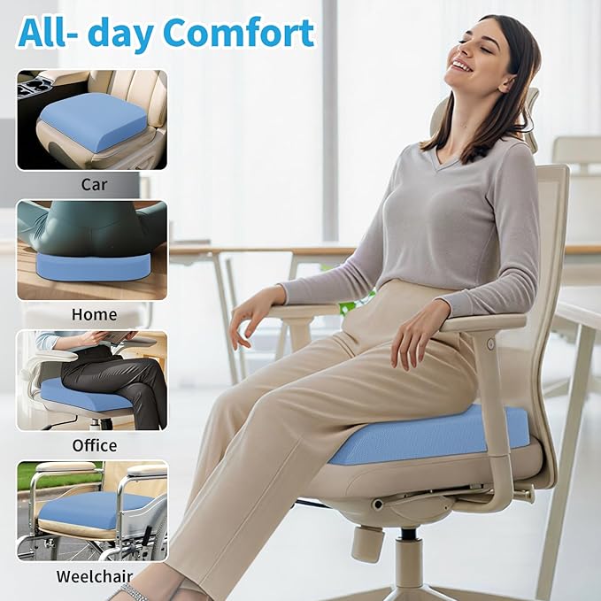 XLarge Seat Cushion, Memory Foam Cushion for Long Sitting Hours on Office Chair, Home & Car, Non-Slip Chair Pad for Relieving Back & Sciatica & Hip & Coccyx Pain (Light Blue)