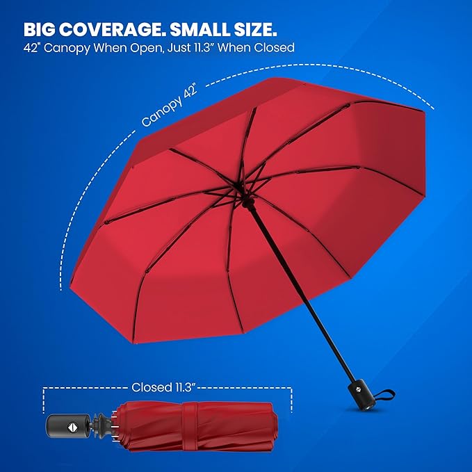 Rain-Mate Windproof Compact Umbrellas for Rain - Strong Reinforced Fiberglass Rib Design & Auto Open & Close - Portable Folding Travel Umbrella - Lightweight & Packable for Women & Men, Easy Collapse