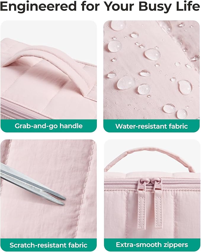 BAGSMART Travel Makeup Bag for Women, Portable Water-resistant Cosmetic Case, Puffy Padded Make Up Organizer Pouch, Open Flat Toiletry Bag for Toiletries, Brushes, Khaki
