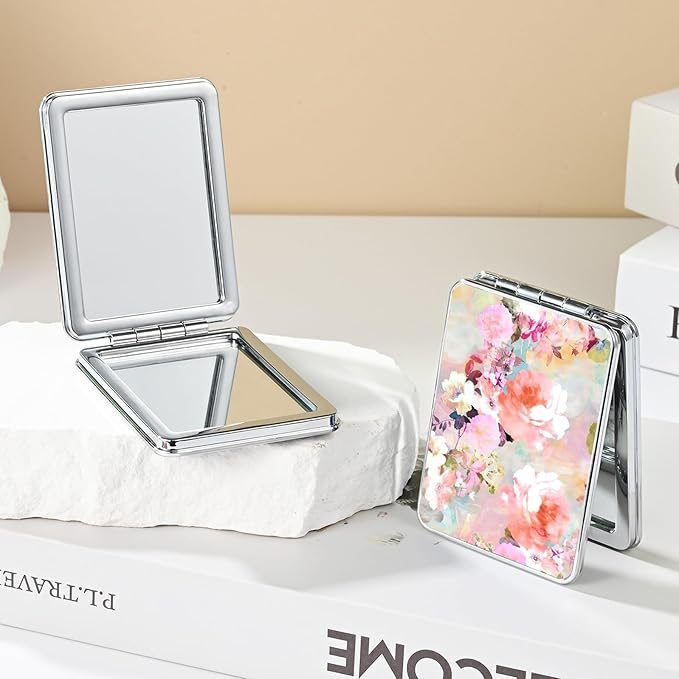 Pocket Mirror, Small Travel Mirror with Magnification, Portable Double-Sided Magnifying Cosmetic Mirror for Daily (Beautiful Flowers)