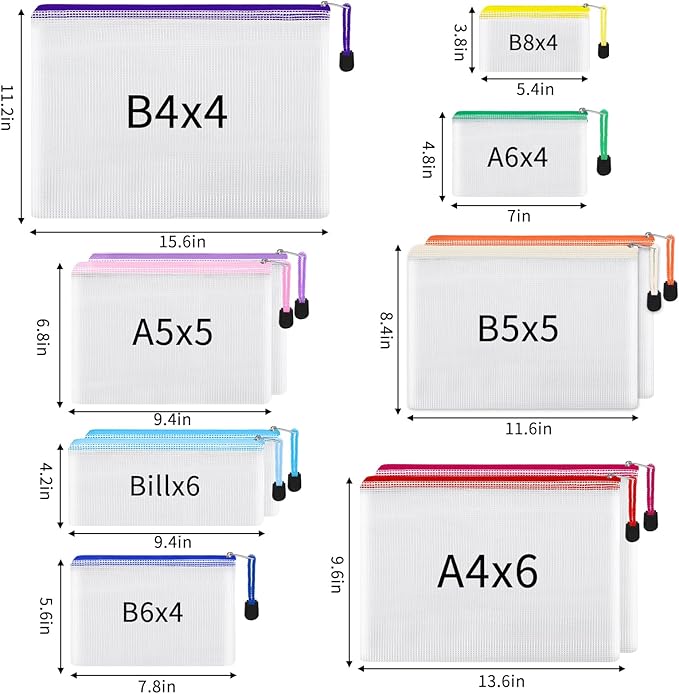 EOOUT 38pcs Mesh Zipper Pouch, Waterproof Zipper Bags, 8 Sizes Plastic Travel Pouch, 12 Colors, Multipurpose for Board Game, Travel Storage, School Supplies, Office Appliances, Home Organize