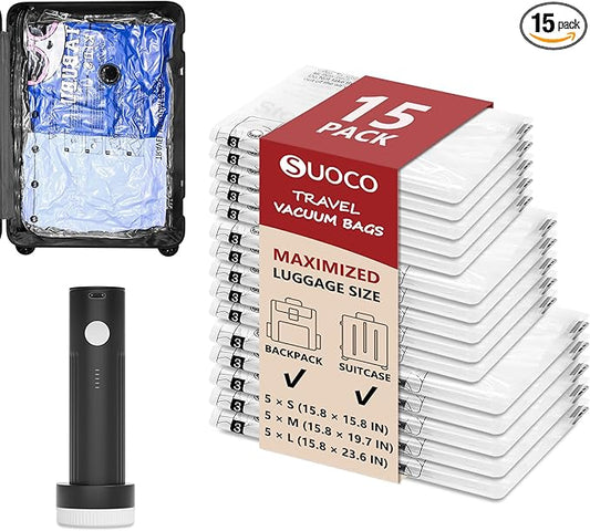 Travel Vacuum Bags for Clothing with Rechargeable Electric Pump, Compression Packing Cubes Organizer Storage for Luggage Suitcase, Space Saver Seal Bags for Vacation Cruise, 15 Combo