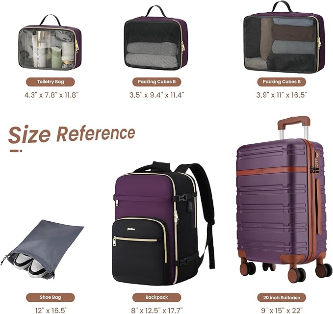 YAMTION Luggage Sets 6 Piece,Hardside 20In Suitcase with Spinner Wheels,TSA Lock,Carry On Suitcase Travel Essentials for Personal Items,Purple