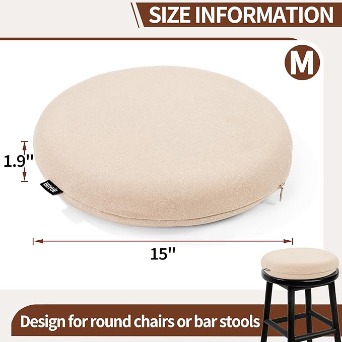 BUYUE Memory Foam Seat Cushion, Dia 15" Soft Velvet Round Stool Cushion Anti-Slip Chair Pads, M, Beige