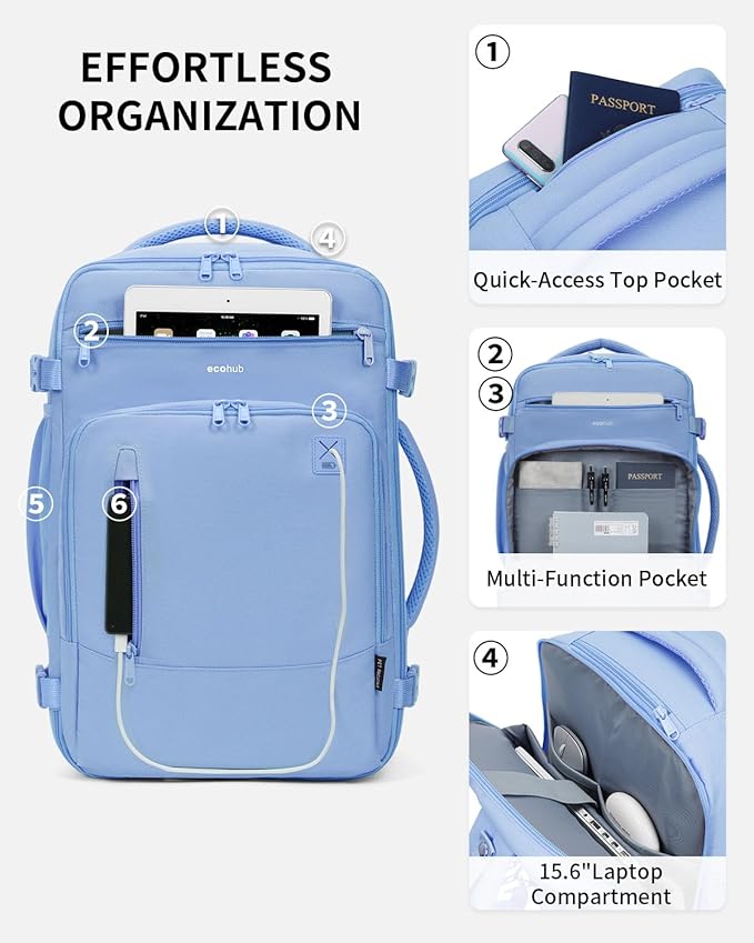 ECOHUB 17" Small Travel Backpack, United Airlines Personal Item Bag 17x10x9 with 16 Pockets, Water Resistant Rucksacks Fit 15.6" Laptop, AirTag Pocket, Lightweight Casual Daypack, 25L, Light Blue