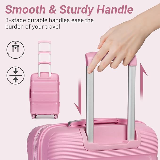 Kono Carry On Luggage 24 Inch Checked-Medium Hard Shell Travel Trolley 4 Spinner Wheels Lightweight Polypropylene Suitcase with TSA Lock, Pink