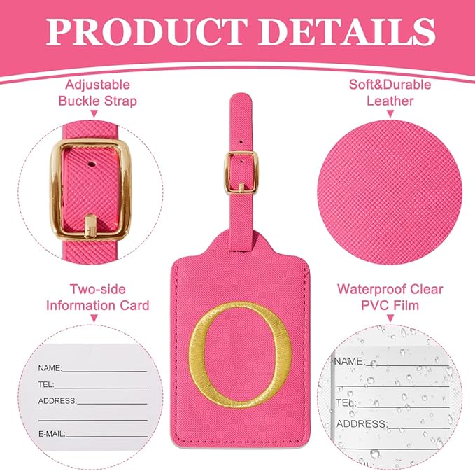Personalized Initial Luggage Tags for Suitcases,Leather Letter Cute Luggage Tags with Privacy Name Card,Embroidered Monogrammed Travel Bag Backpack Tag Gifts for Women Kids Girls Teens(Rosered-O)