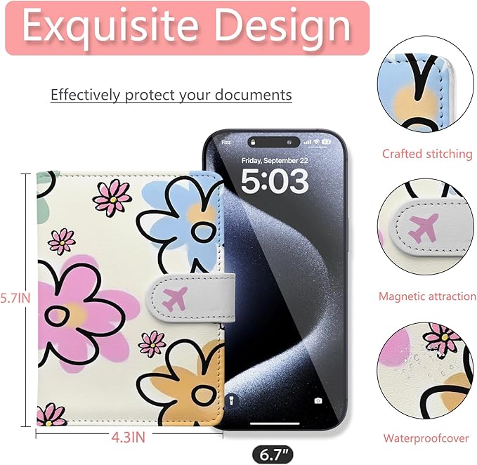 Passport Holder, Travel Wallet Cover with Pen Loop | Cute RFID Blocking Leather Case with Magnetic Closure for Travel Essentials-flower
